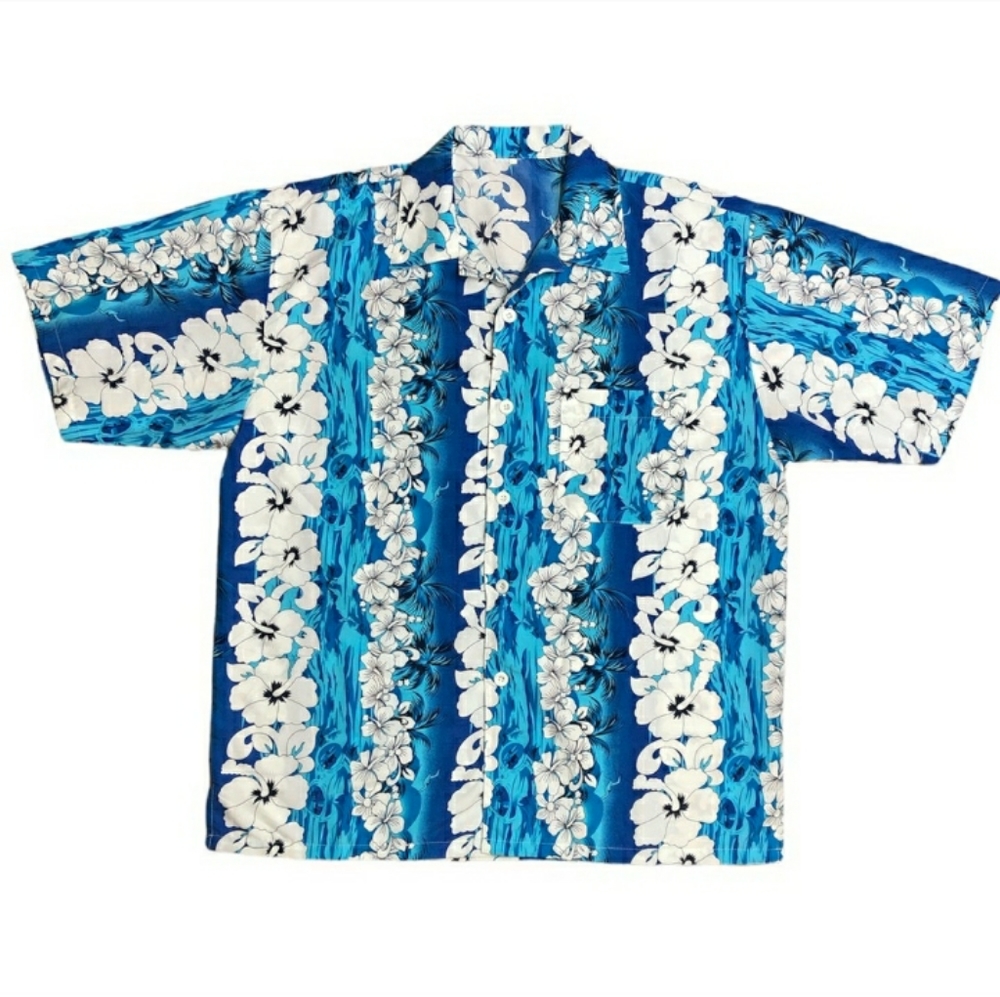 Hawaiian Shirt Button Front Hibiscus & Surfing Graphics EUC!